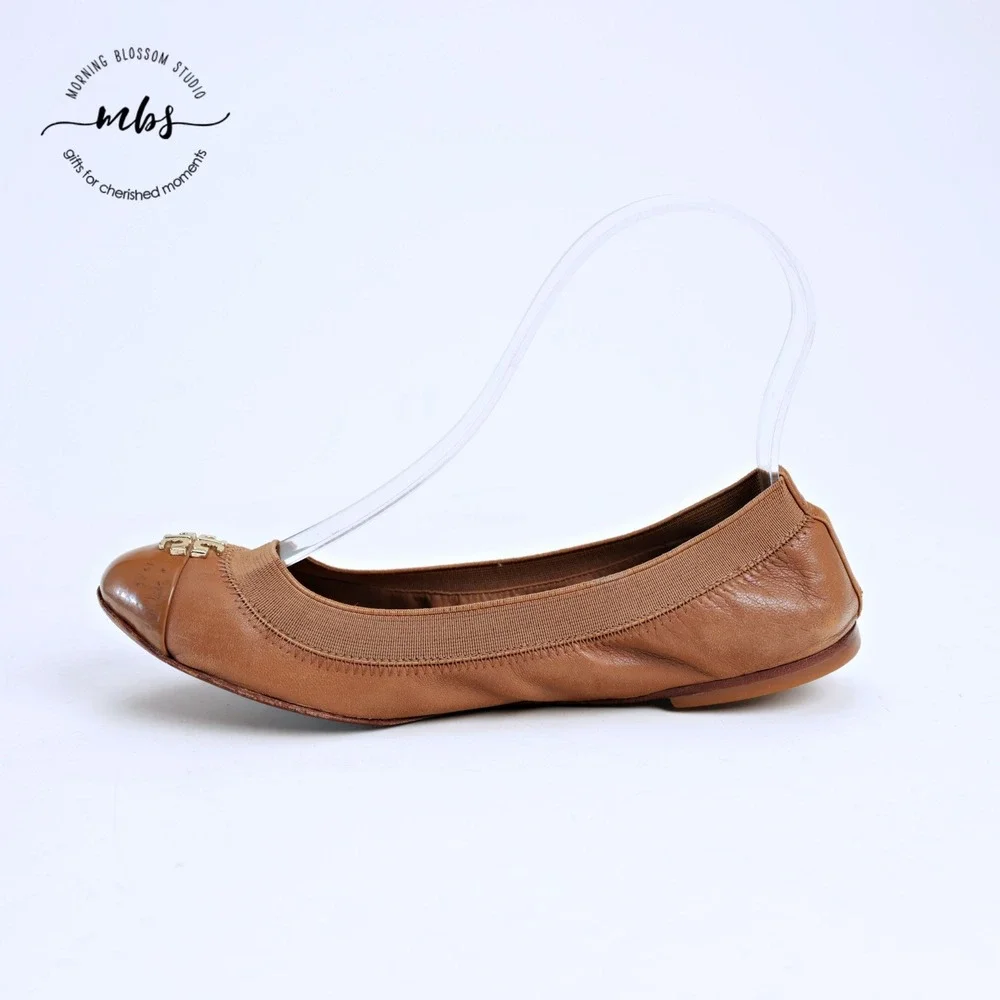Tory Burch Jolie Cap Toe‎ Classic Preppy Leather Ballet Flats Brown Gold Women 6